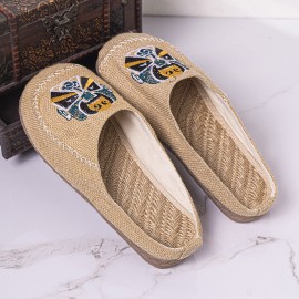 Men Breathable Folkways Pattern Handmade Closed Toe Casual Linen Slippers