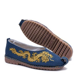 Men Breathable Non Slip Old Peking Dragon Embroidery Comfy Casual Linen Shoes