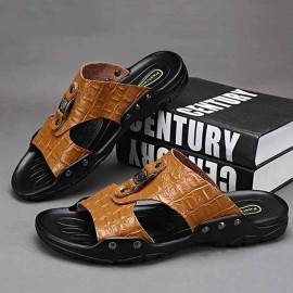 Men Cowhide Leather Breathable Soft Bottom Non Slip Comfy Opened Casual Slippers