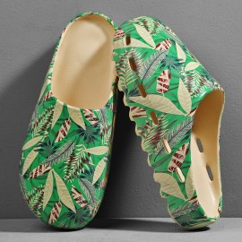 Men PVC Coconut Tree Print Soft Thick Sole Non Slip Comfy Breathable Summer Casual Home Slide Slippers