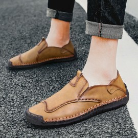 Men Hand Stitching Non Slip Soft Sole Slip-ons Casual Leather Oxfords