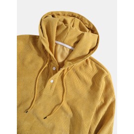 Mens Corduroy Solid Casual Button Henley Hoodies With Kangaroo Pocket