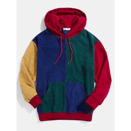 Mens Retro Color Block Patchwork Corduroy Drawstring Hoodies