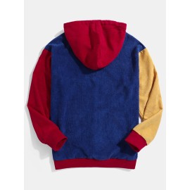 Mens Retro Color Block Patchwork Corduroy Drawstring Hoodies