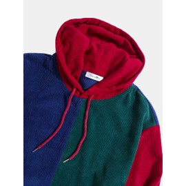 Mens Retro Color Block Patchwork Corduroy Drawstring Hoodies