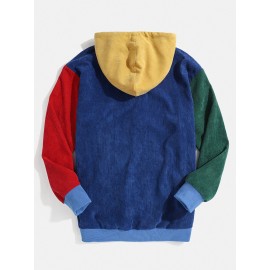 Mens Corduroy Colorblock Patchwork Half Button Pouch Pocket Drawstring Hoodies