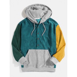 Mens Corduroy Colorblock Patchwork Half Button Pouch Pocket Drawstring Hoodies