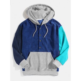 Mens Corduroy Colorblock Patchwork Half Button Pouch Pocket Drawstring Hoodies