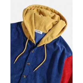 Mens Corduroy Colorblock Patchwork Half Button Pouch Pocket Drawstring Hoodies