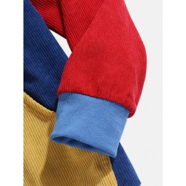 Mens Corduroy Colorblock Patchwork Half Button Pouch Pocket Drawstring Hoodies