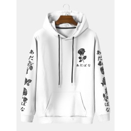 Mens Rose Printed Drawstring Retro Hoodies with Front Pocket