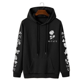 Mens Rose Printed Drawstring Retro Hoodies with Front Pocket