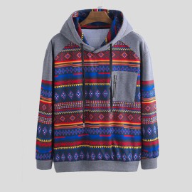 Mens Casual Printing Hooded Practical Pocket Drawstring Casual Sweatshirt