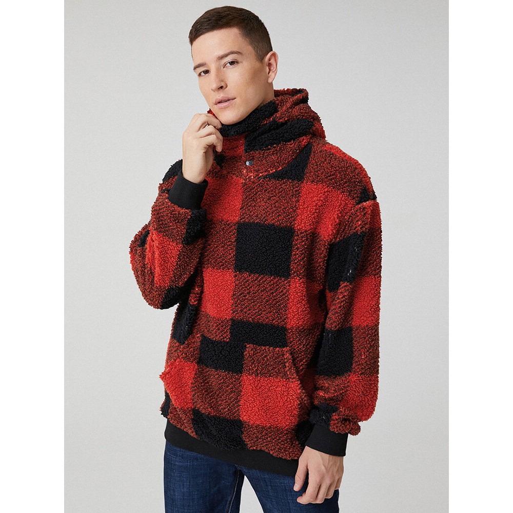 Mens Classic Plaid Plush Kangaroo Pocket Long Sleeve Teddy Hoodies