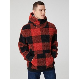 Mens Classic Plaid Plush Kangaroo Pocket Long Sleeve Teddy Hoodies