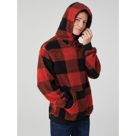 Mens Classic Plaid Plush Kangaroo Pocket Long Sleeve Teddy Hoodies