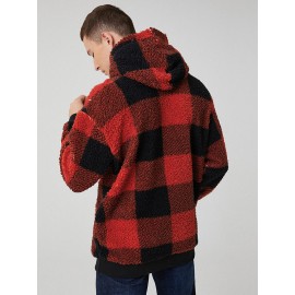 Mens Classic Plaid Plush Kangaroo Pocket Long Sleeve Teddy Hoodies