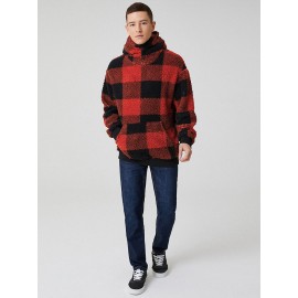 Mens Classic Plaid Plush Kangaroo Pocket Long Sleeve Teddy Hoodies