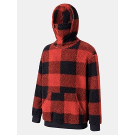 Mens Classic Plaid Plush Kangaroo Pocket Long Sleeve Teddy Hoodies