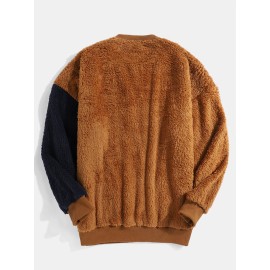 Mens Color Block Patchwork Fluffy Plush Loose Pullover Teddy Sweatshirts