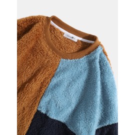 Mens Color Block Patchwork Fluffy Plush Loose Pullover Teddy Sweatshirts