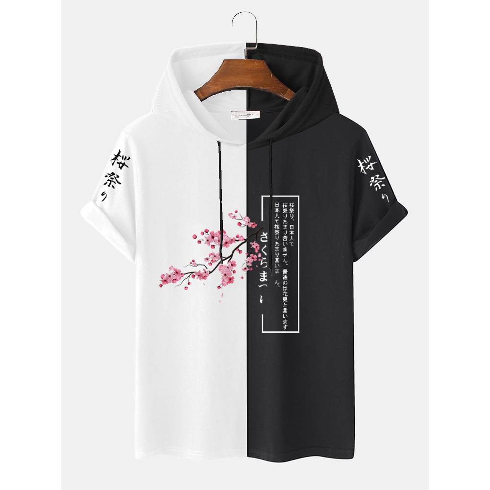 Mens Two Tone Sakuras Print Short Sleeve Hooded T-Shirts