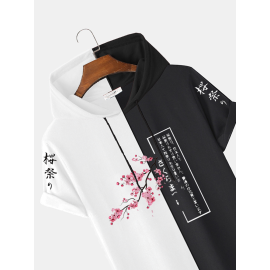 Mens Two Tone Sakuras Print Short Sleeve Hooded T-Shirts