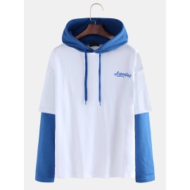 Mens Casual Patchwork Color Hooded Drawstring Long Sleeve Sweatshirt