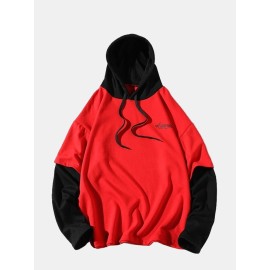 Mens Casual Patchwork Color Hooded Drawstring Long Sleeve Sweatshirt