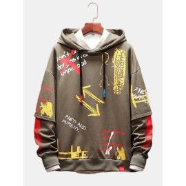 Mens Funny Cartoon Slogan Double Sleeve Drawstring Hoodies Sweatshirt