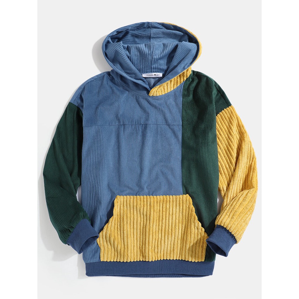 Mens Vintage Corduroy Color Block Stitching Kangaroo Pocket Hoodies