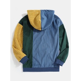 Mens Vintage Corduroy Color Block Stitching Kangaroo Pocket Hoodies