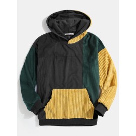 Mens Vintage Corduroy Color Block Stitching Kangaroo Pocket Hoodies