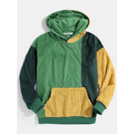 Mens Vintage Corduroy Color Block Stitching Kangaroo Pocket Hoodies