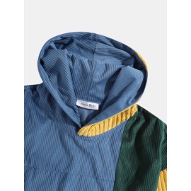 Mens Vintage Corduroy Color Block Stitching Kangaroo Pocket Hoodies