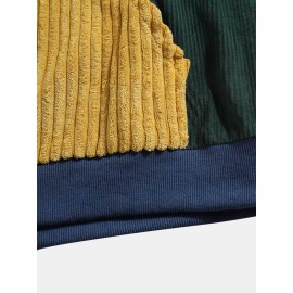 Mens Vintage Corduroy Color Block Stitching Kangaroo Pocket Hoodies